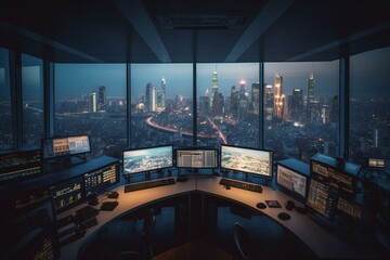 Fototapeta na wymiar Stock trading desk with skyline view in the background. Generative AI