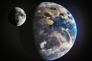 Earth and moon very close, view from space, ai