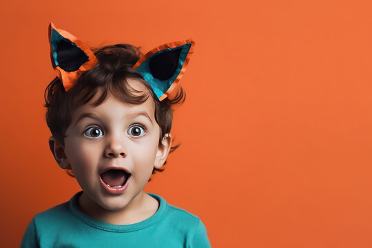Happy and surprised little kid, with DIY ears orange background with copy space