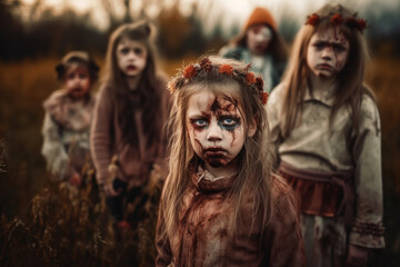 Group of children dressed as zombies on halloween day