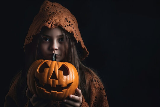 A little girl holding a Halloween pumpkin on dark background with copy space