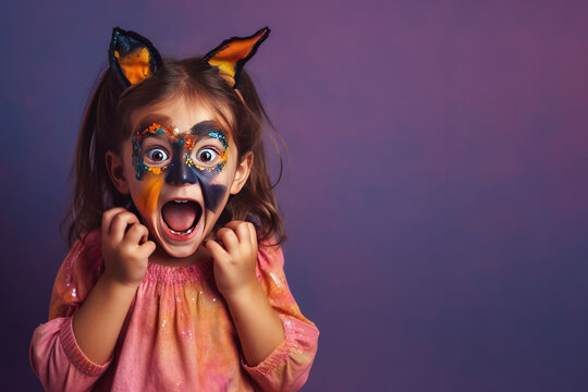 Happy and enthusiastic little girl, with halloween costume., on purple background with copy space