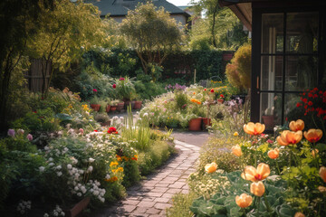 Obraz premium Spring garden with plants or home gardening. Close- up. Generated AI