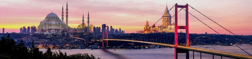Istanbul Bosphorus panoramic photo. Istanbul landscape beautiful sunset with clouds Galata Tower double exposure, Bosphorus Bridge,  Istanbul Turkey.Best touristic destination of Istanbul