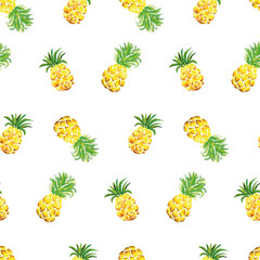 Watercolor seamless pattern of pineapple on white background. Hand drawn texture for textile, wallpaper, fashion, linens and banner print. In modern style - 595369324