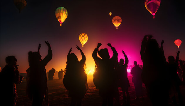 People dancing at music festival under hot air balloons