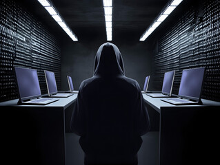Anonymous hacker and laptops. Concept of hacking cybersecurity, cybercrime, cyberattack, etc.