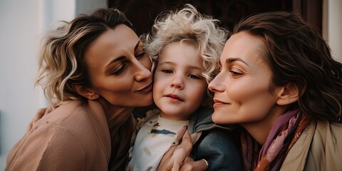 Close up of unconventional happy family groups two moms with children - generative AI 