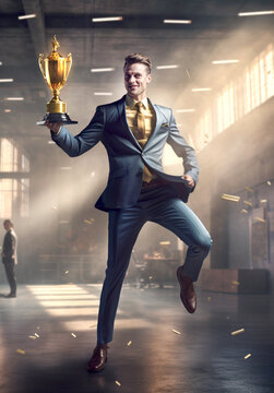 Successful Businessman dancing with the golden trophy, illustration made with generative AI 