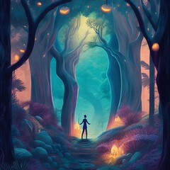  illustration of a person exploring a mystical forest