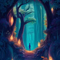  illustration of a person exploring a mystical forest