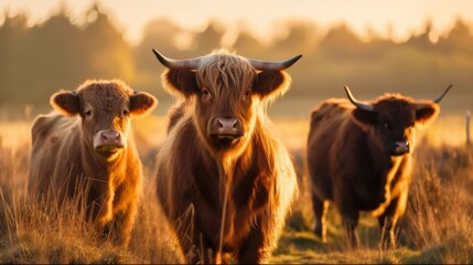 Highland cattles or fluffy cows in sunny plains field generative ai - obrazy, fototapety, plakaty