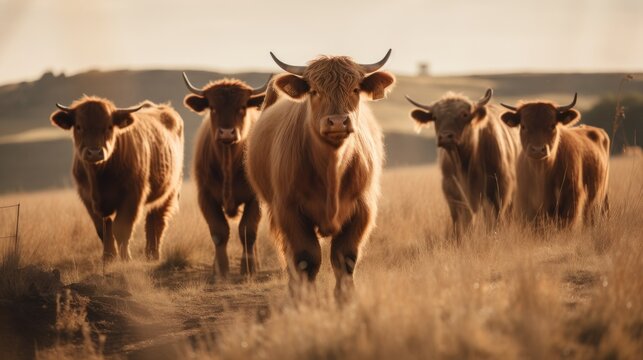 Highland cattles or fluffy cows in sunny plains field generative ai