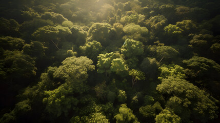 A stunning aerial view of a lush green forest, with sunlight streaming through the canopy, creating a magical atmosphere.