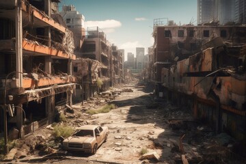 Fototapeta na wymiar Ruined urban landscape following seismic activity, created by artificial intelligence. Generative AI