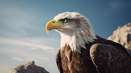 A close-up shot of a majestic eagle perched atop a rocky mountain, with its wings spread wide open against a stunning blue sky. Ideal for wildlife and adventure-themed projects.