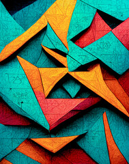 Geometric chaotic abstract pattern in tones of cyan, yellow, orange, and red.  Wallpaper backdrop.