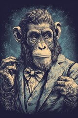 Portrait of a monkey gentleman wearing a great suit, generative AI technology