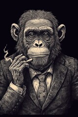 Portrait of a monkey gentleman wearing a great suit, he smokes, black and white illustration, generated by AI technology