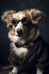 Corgi as scientist, crazy glasses, class suit, dark background, created with generative AI technology