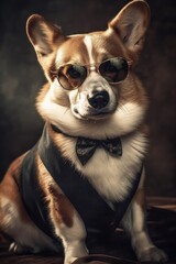 Portrait of a dog corgi wearing a suit and dark sunglasses, black background, generated with AI technology
