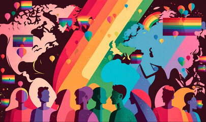 World map with vibrant rainbow colors and flags that represent diversity and acceptance of LGBT community across different cultures and nations, promoting unity among all human beings. Generative AI.
