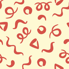Cute yellow red line squiggle doodle seamless pattern, abstract vector illustration