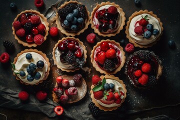 Top-down view of cream cheese-topped berry tartlets or cake. Generative AI