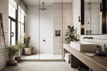 Refined Scandinavia bathroom with modern clean lines, big shower and white tiles. Generative AI - obrazy, fototapety, plakaty