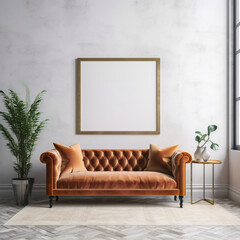 Orange tufted velvet sofa and frame on the wall. Interior design of modern living room. Created with generative AI