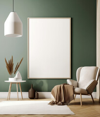 Blank big mock up poster frame on green wall. Interior design of modern living room with armchair, Created with generative AI