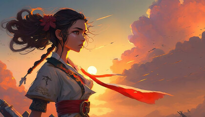 a brave and beautiful looking anime girl, samurai dress, generative ai technology