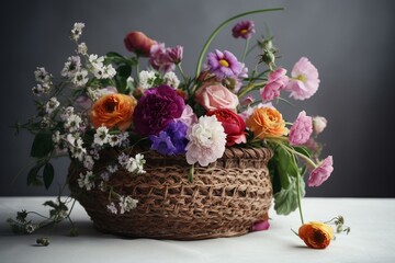 Fototapeta na wymiar Graceful flowers in basket set against white backdrop. Generative AI
