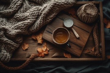 Fototapeta na wymiar A cup of coffee and knitting on a rustic wooden tray in a cozy bed with a blanket on an autumn weekend, seen from above. Generative AI