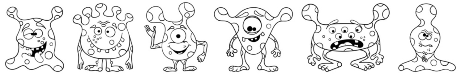 A set of six black and white monsters. Cartoon aliens. Isolated gremlins. Cute microbes. Colouring in.