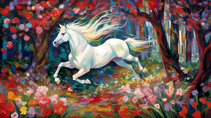 White horse frolics in a lush spring forest bursting with colorful flowers. AI generative