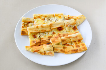Kiymali pide. Turkish pide with minced meat. Turkish pizza mince pita Pide on white background. Etli ekmek. Kusbasi kasarli pide.