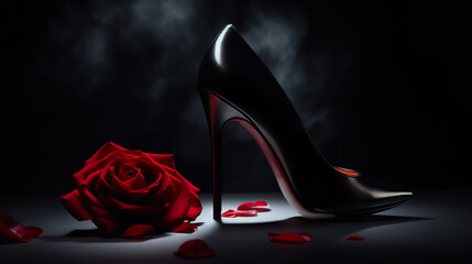 Black tango shoes, high heel stilettos on a black background decorated with rose flowers. AI generative. - obrazy, fototapety, plakaty