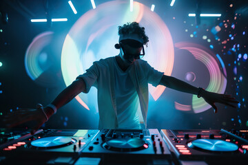 Bright dynamic illustration of male DJ in a nightclub, AI generative illustration