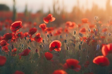 Fototapeta na wymiar Wild field of beautiful red poppies in soft light. Natural opium drugs. Generative AI