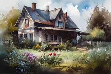 Fototapeta na wymiar Watercolor painting of a cottage in the countryside during the spring season. Perfect for printable art. Generative AI
