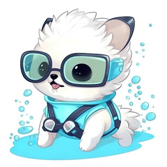 Fototapeta premium Cute little white puppy dog as diver underwater, cartoon chibi style, AI generative illustration