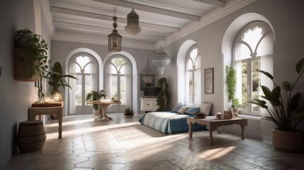 Fototapeta na wymiar Mediterranean interior design room with beautiful lightning generative ai