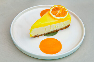 San sebastian ( Bask ) cheesecake slice isolated close up. Limon, lotus, fistikli, Frambuazli cheesecake