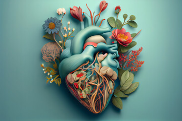 Blooming anatomical human golden heart, illustration