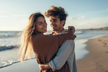 Pretty young couple in love having fun at the beach in a winter sunny day afternoon. Generative AI - obrazy, fototapety, plakaty
