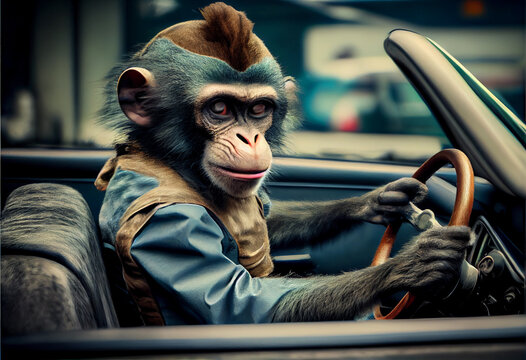 little monkey driving a car. bad driver.