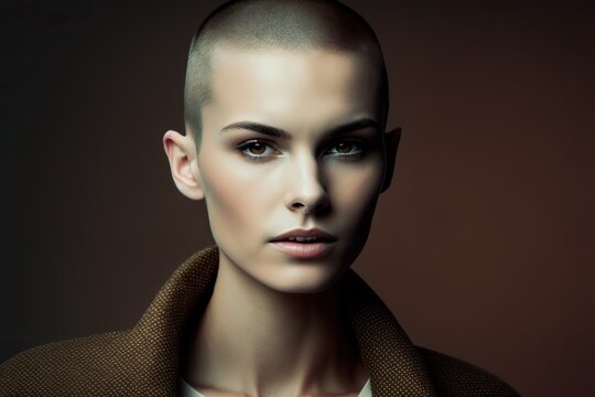 Slim model woman with shaved head , in studio. AI generated.