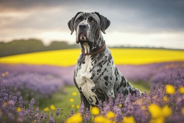Portrait of a calm gread danes dog in a flowery meadow. AI generated. - obrazy, fototapety, plakaty