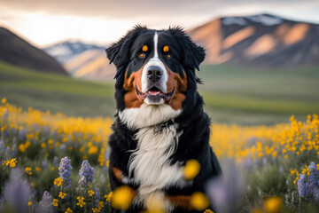 Portrait of a calm dog Bernese in a flowery meadow. AI generated.